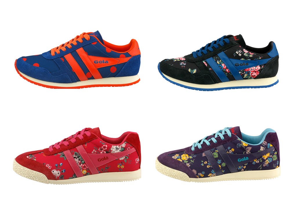 Cath Kidston x Gola training shoes in (clockwise from top left): Button Spot in Blue Orange (Spirit Trainer), Spray Flowers in Black (Spirit Trainer), Spray Flowers in Red (Harrier Trainer) and Woodland Rose in Grape (Harrier Trainer)