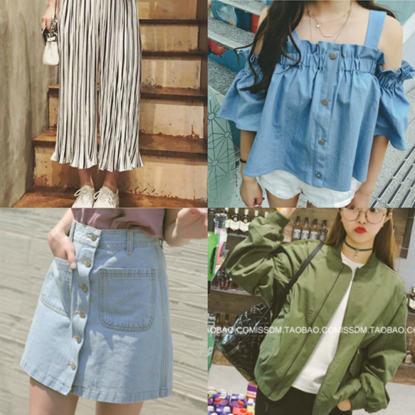 Helaian Fesyen Dari Kiri: Seluar Chiffon (RM1.31), Baju Off-Shoulder Denim (RM9.79), Skirt Mini Denim (RM4.50) & Army Bomber Jaket (RM4.58)