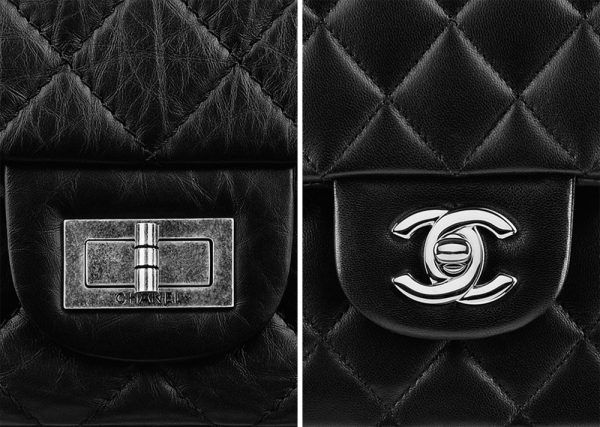 Perbezaan kancing Chanel Flap yang klasik dengan Chanel Flap terkini rekaan Karl Lagerfeld. Sumber: purseblog.com